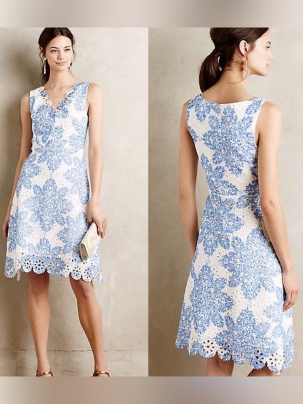 Stunning like new Anthropologie Eva Franco Sleeveless Blue & White Lacey dress
